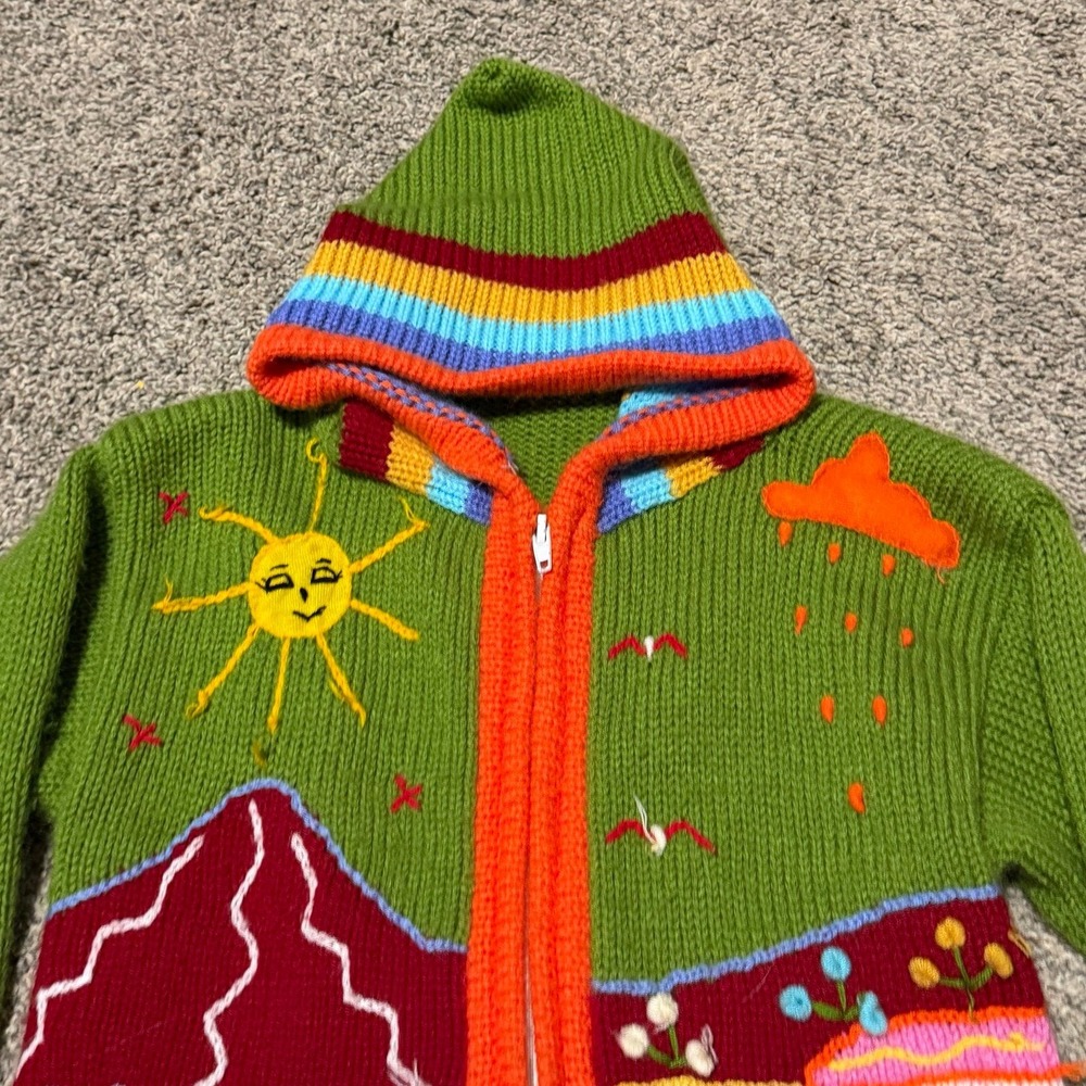 Vintage Kids Peruvian Knit Hoodie Sweater Farm Scene Llama Chicken Colorful Zip - Picture 2 of 5